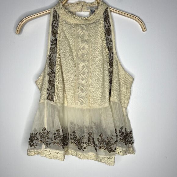 Urban Outfitters Ecote Sz M Peplum Top Ivory‎ Crochet Lace Metallic Embroidery - Picture 1 of 11